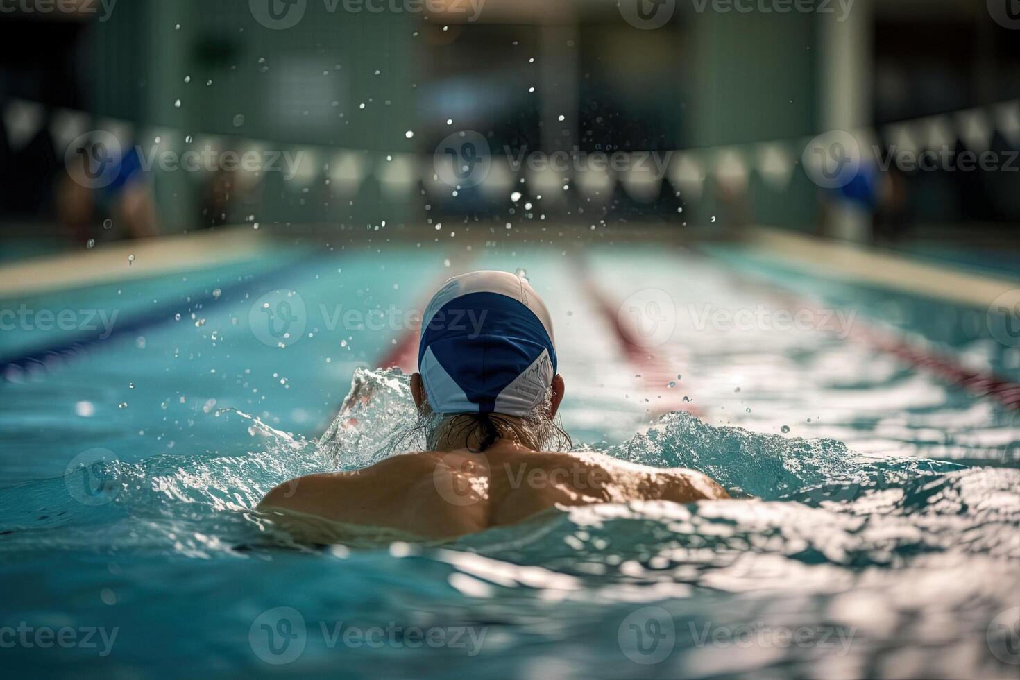 espalda ver de muscular nadador en nadando gorra y gafas de protección formación a nadando piscina ilustración generativo ai foto