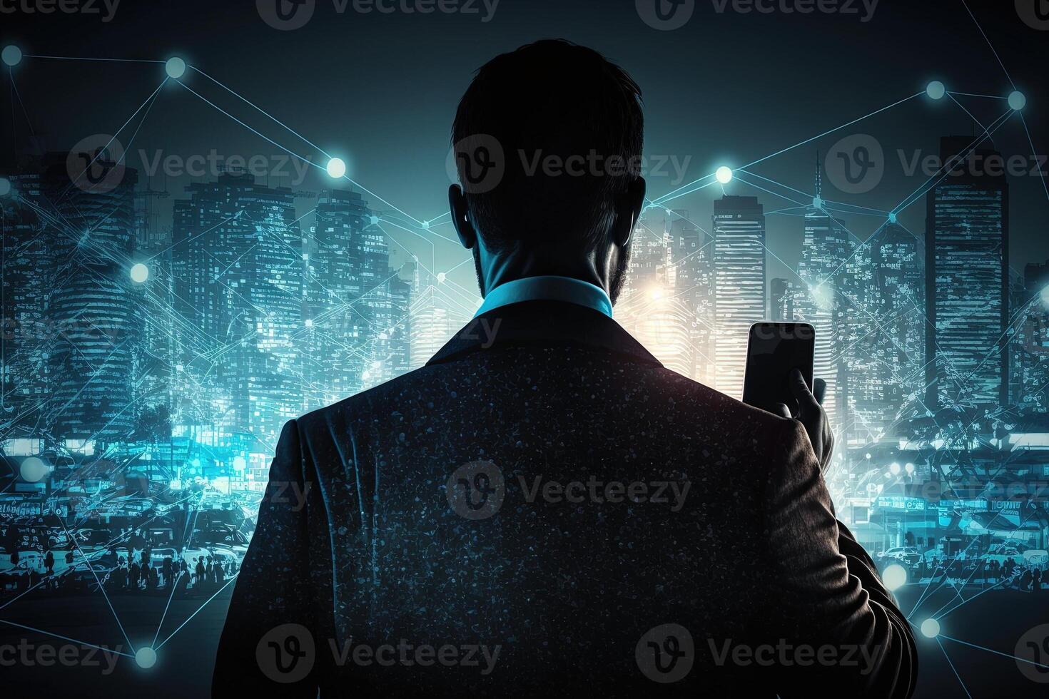 view from the back of a Businessman using mobile smart phone. Global corporate internet connection application technology and digital marketing, financial illustration photo