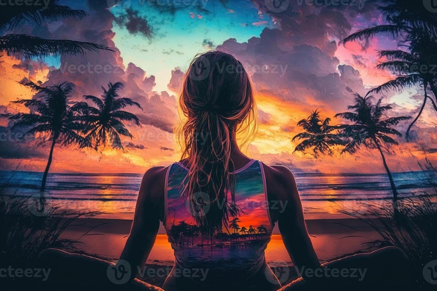 View from the back of beautiful girl practicing yoga on a tropical beach at sunset, with palm trees and colorful clouds in the background illustration photo