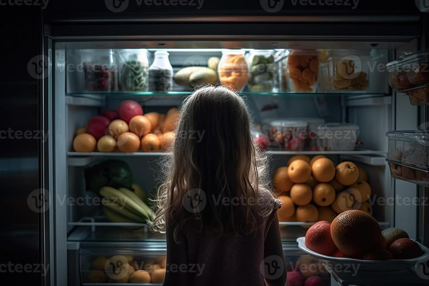 Girl in front of open refrigerator full of healthy food illustration photo