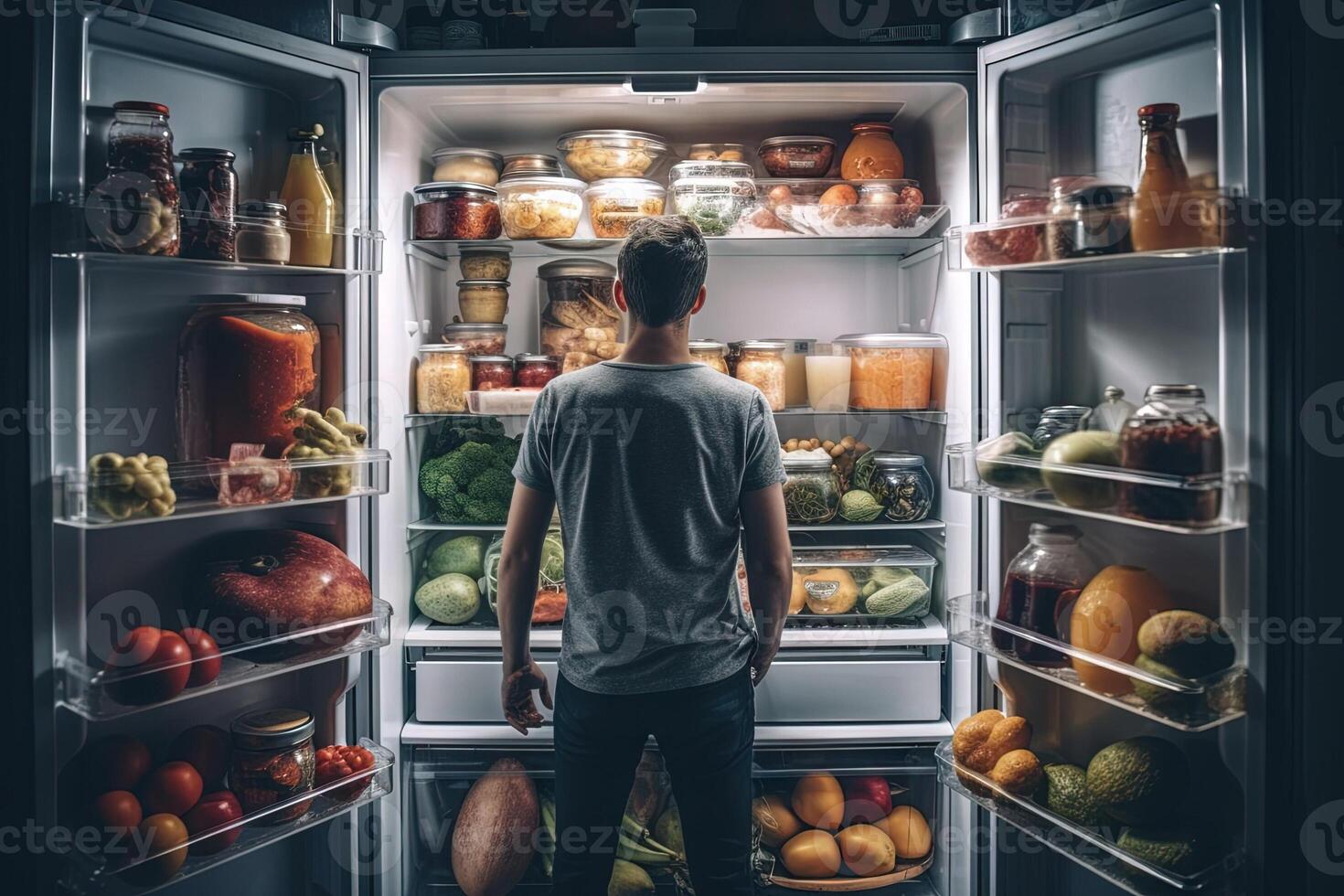 man in front of open refrigerator full of healthy food illustration photo