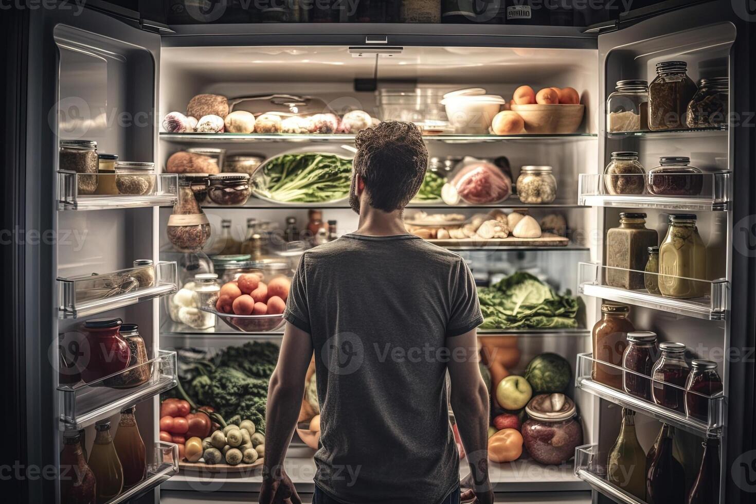 man in front of open refrigerator full of healthy food illustration photo