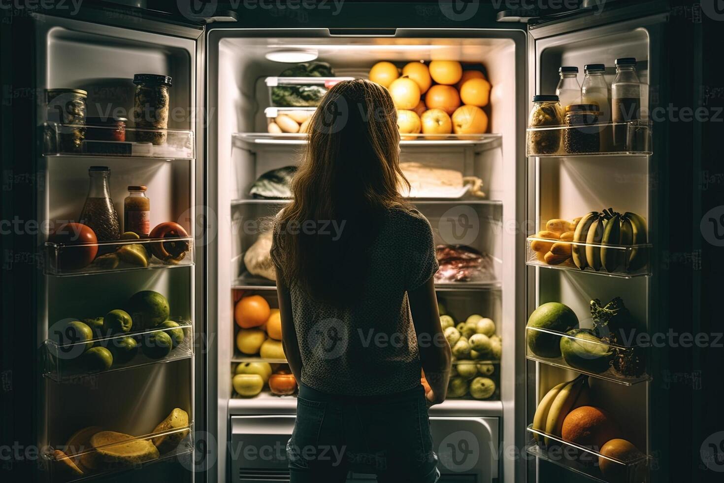 Girl in front of open refrigerator full of healthy food illustration photo