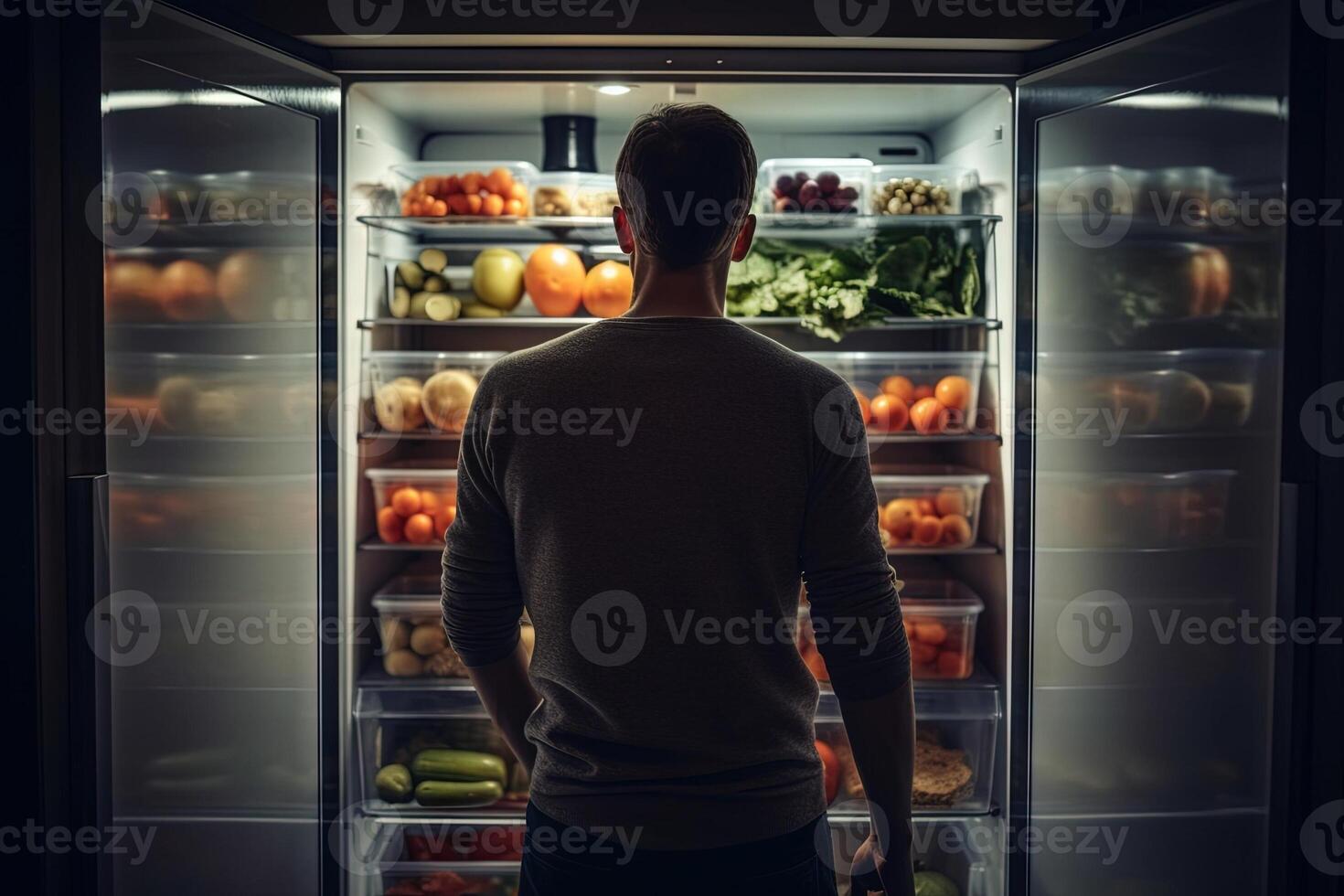 man in front of open refrigerator full of healthy food illustration photo
