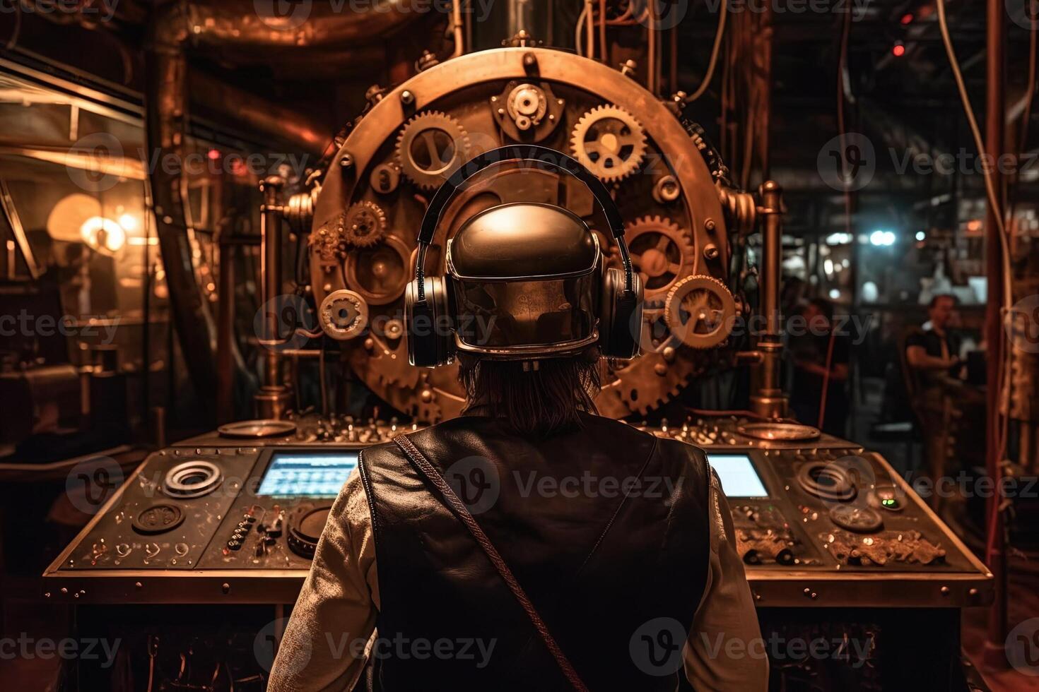 view from the back of steampunk dj playing at mechanical disco illustration photo