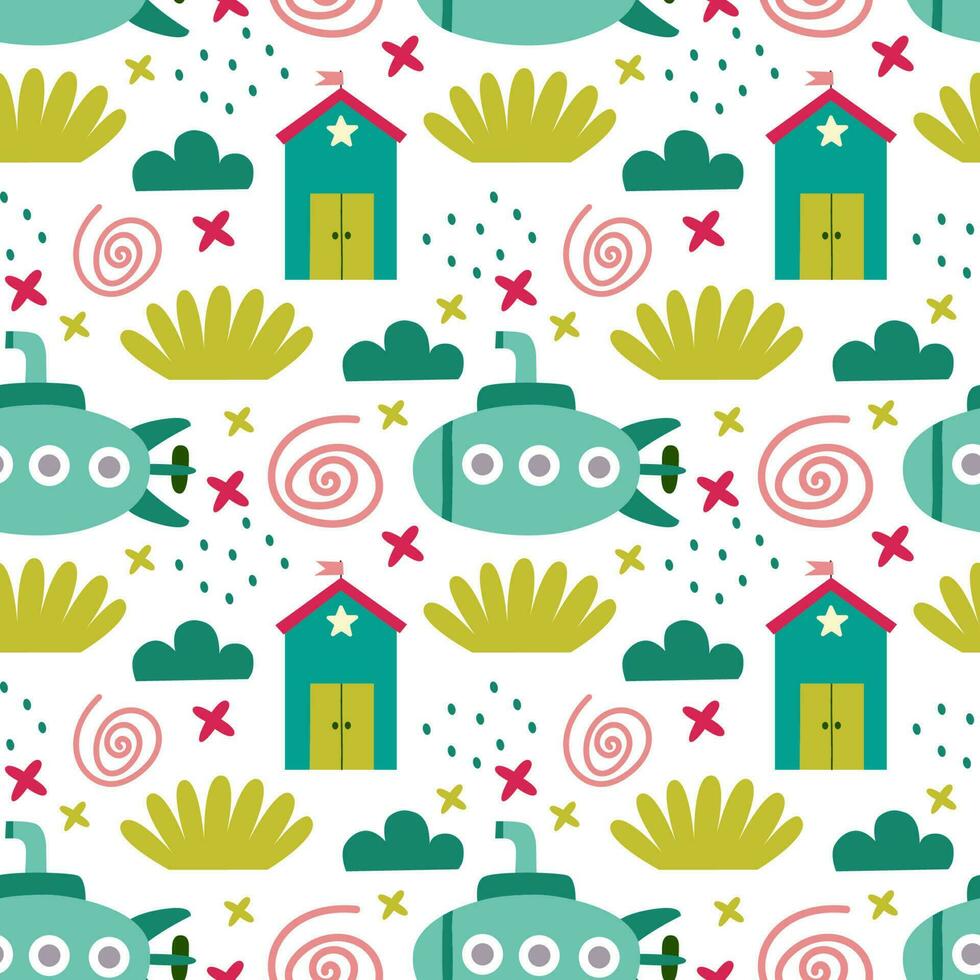 Seamless pattern with houses and a submarine. Vector background with a marine theme.