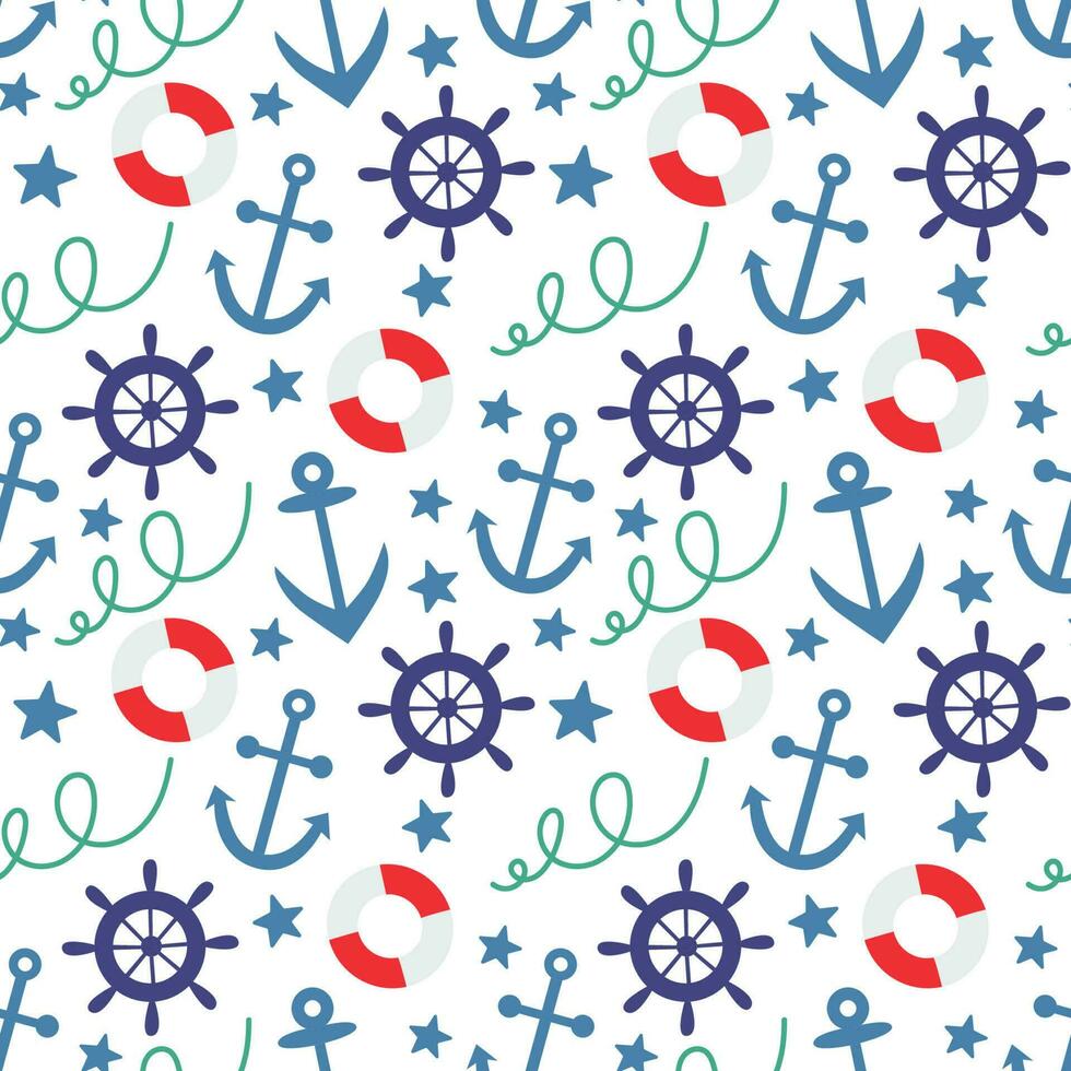 Seamless pattern with anchors, life circle, steering wheel. Vector background with a marine theme.