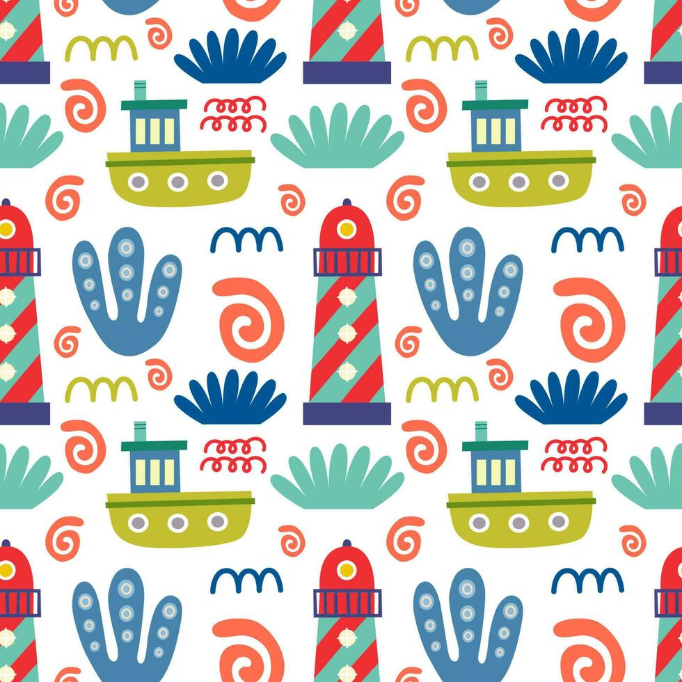 Seamless pattern with lighthouses. Vector background with a marine theme.