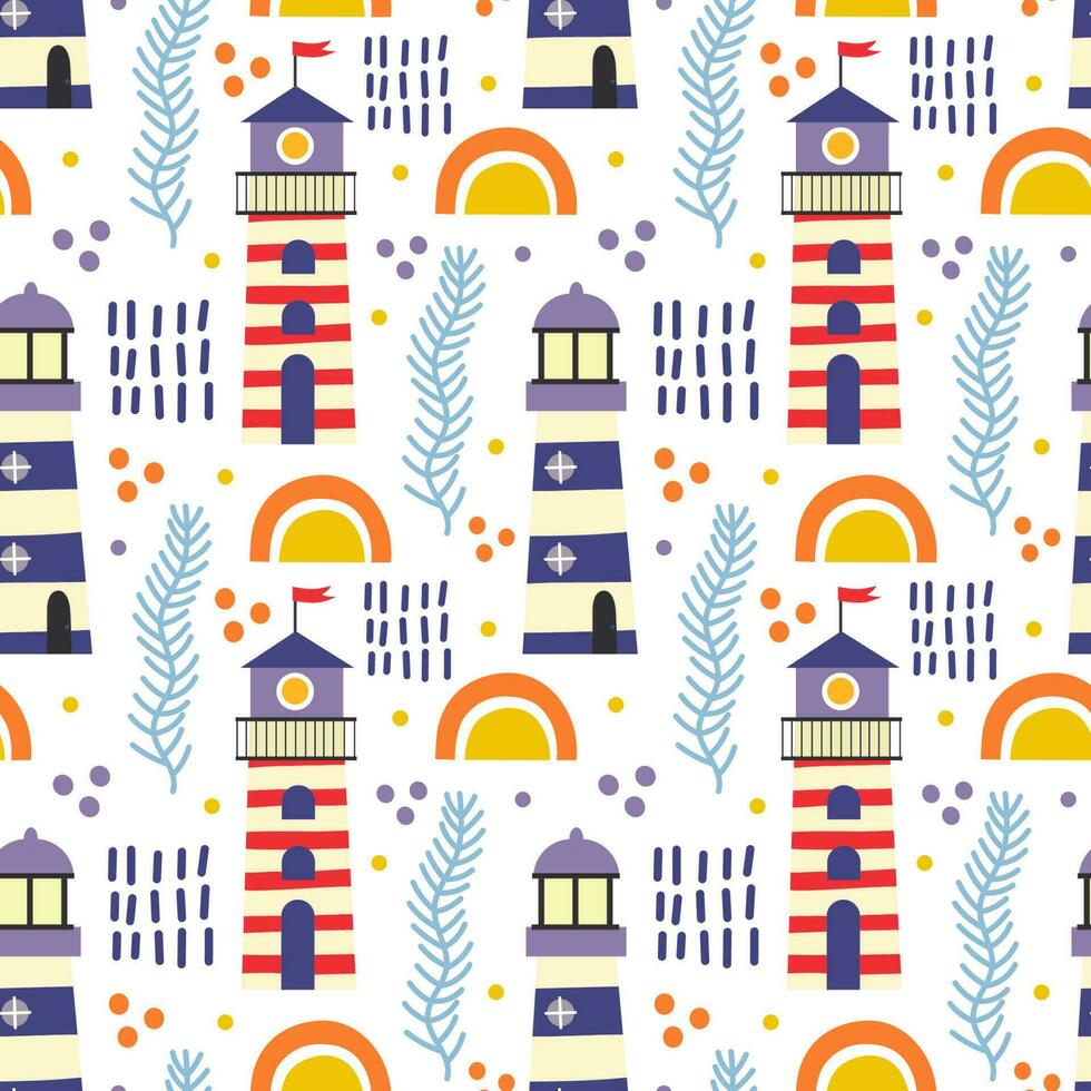 Seamless pattern with lighthouses. Vector background with a marine theme.