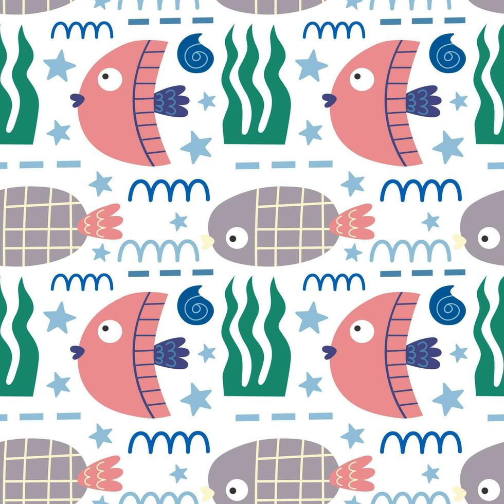Seamless pattern with fish abstract elements. Vector background with a marine theme.