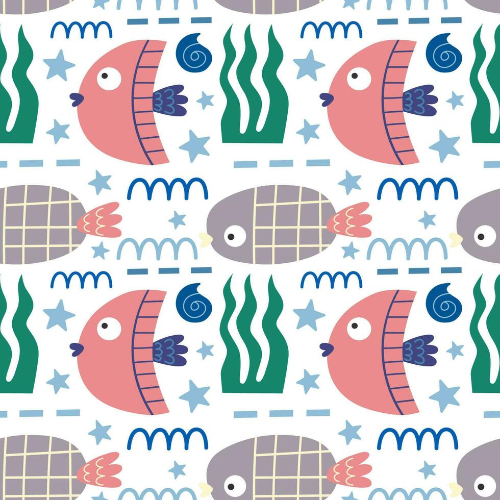 Seamless pattern with fish abstract elements. Vector background with a marine theme.