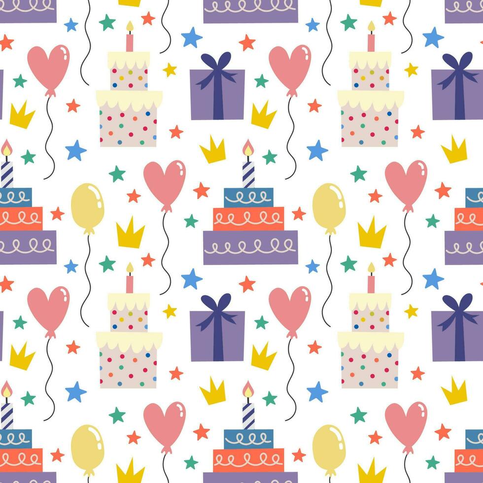 Seamless pattern with cakes and balloons Vector background with a birthday theme.
