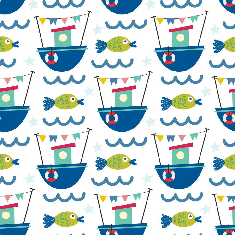 Seamless pattern with boats and fish. Vector background with a marine theme.