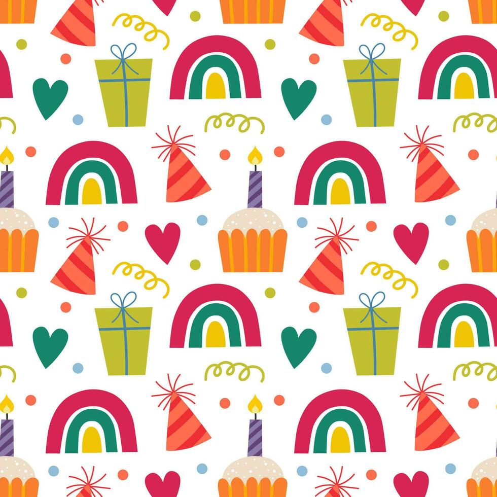 Seamless pattern with cupcake, rainbow, gifts. Vector background with a birthday theme.