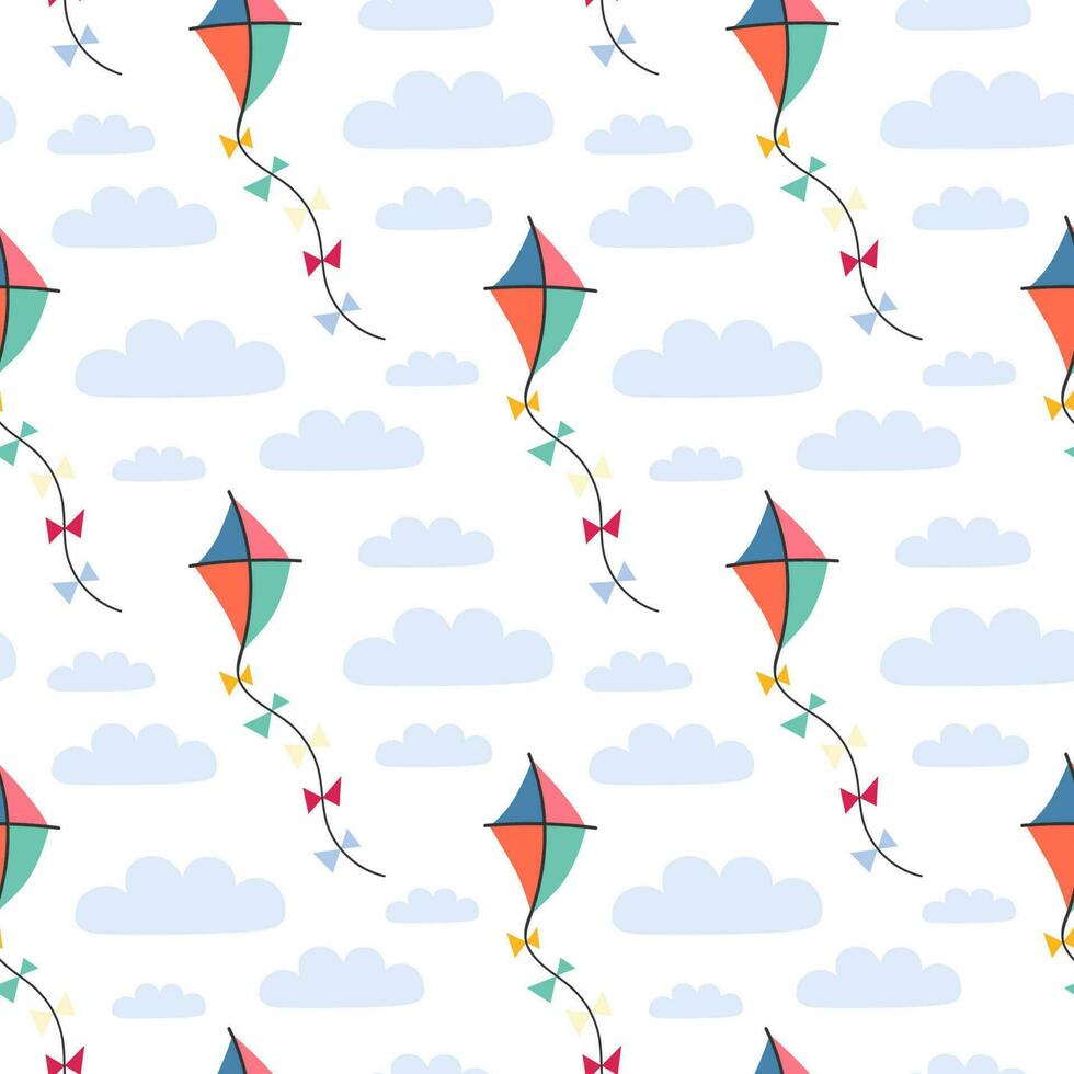 Seamless pattern with kite and clouds. Vector background with a birthday theme.