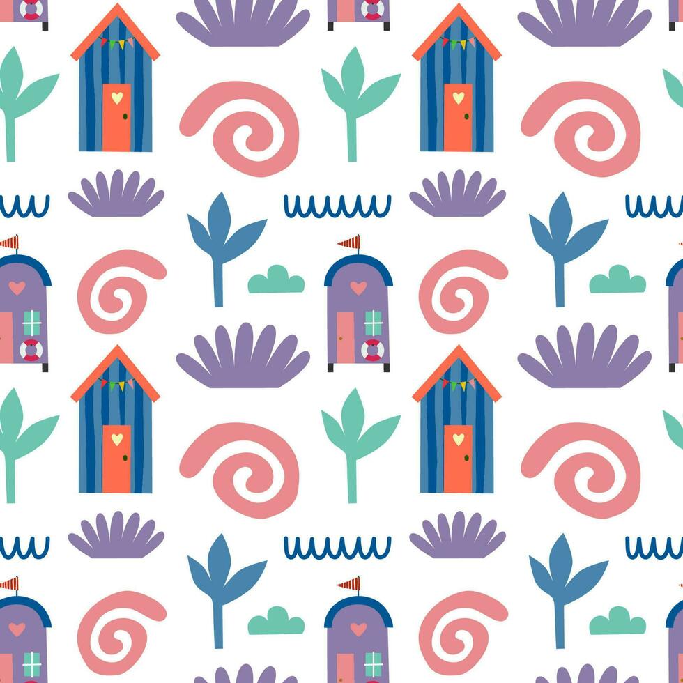 Seamless pattern with beach house and plants. Vector background with a marine theme.