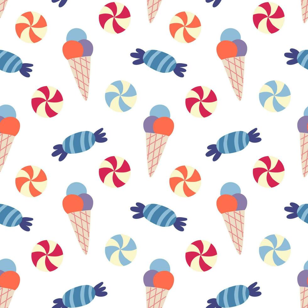 Seamless pattern with ice cream, sweets. Vector background with a birthday theme.