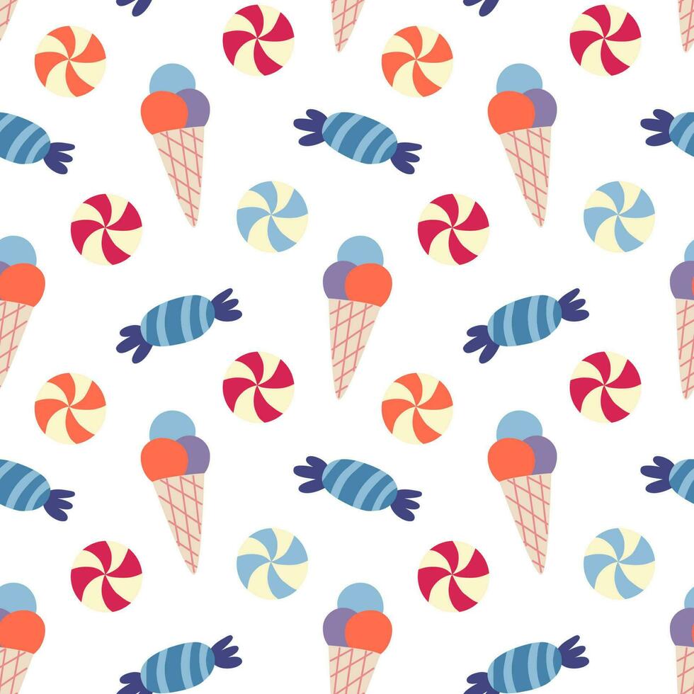 Seamless pattern with ice cream, sweets. Vector background with a birthday theme.