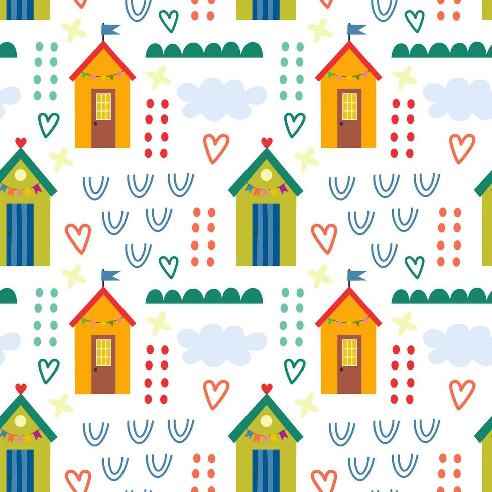 Seamless pattern with beach house and plants. Vector background with a marine theme.