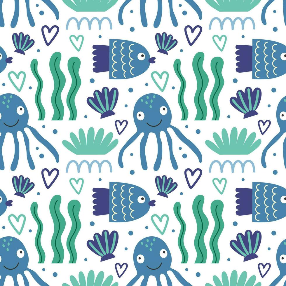 Seamless pattern with fishes and octopuses. Vector background with a marine theme.