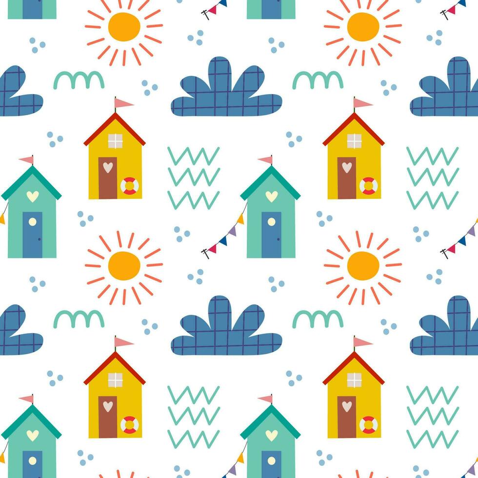 Seamless pattern with beach house and plants. Vector background with a marine theme.
