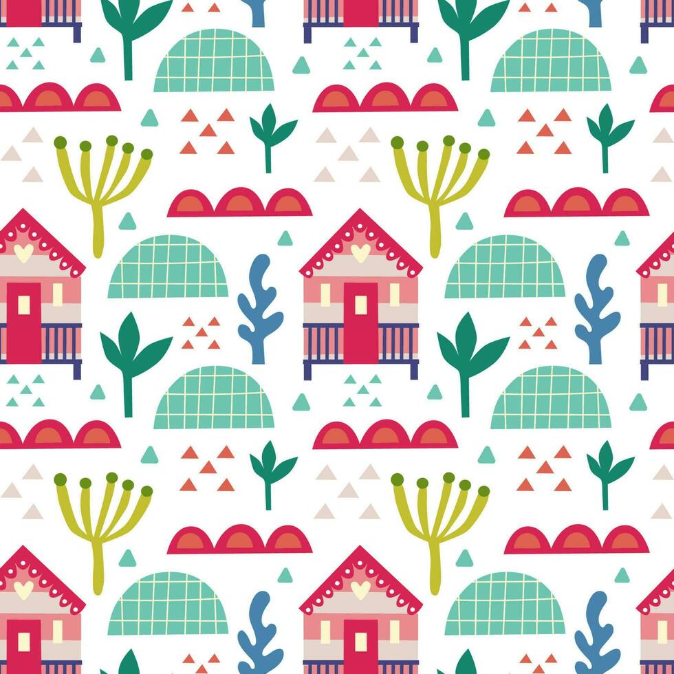 Seamless pattern with beach house and plants. Vector background with a marine theme.
