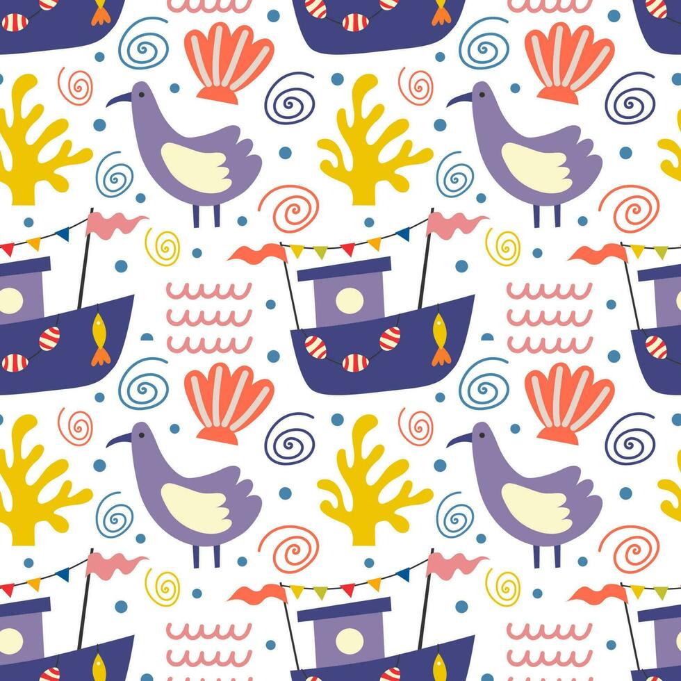 Seamless pattern with boats and birds. Vector background with a marine theme.