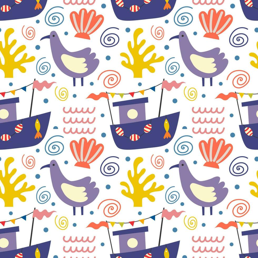 Seamless pattern with boats and birds. Vector background with a marine theme.