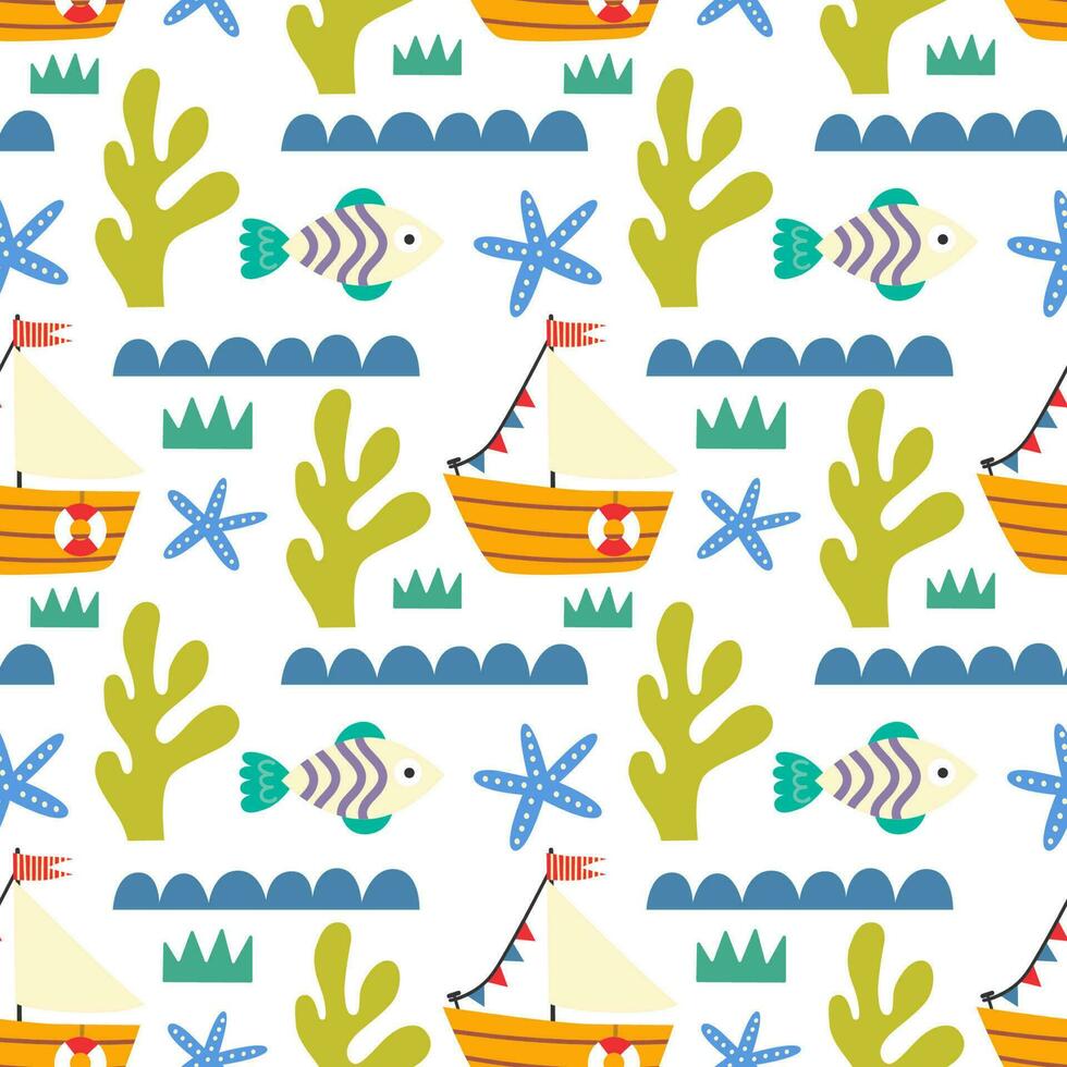 Seamless pattern with boats and fish Vector background with a marine theme