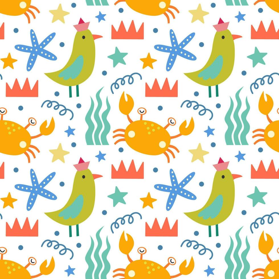 Seamless pattern with birds and crabs. Vector background with a marine theme.