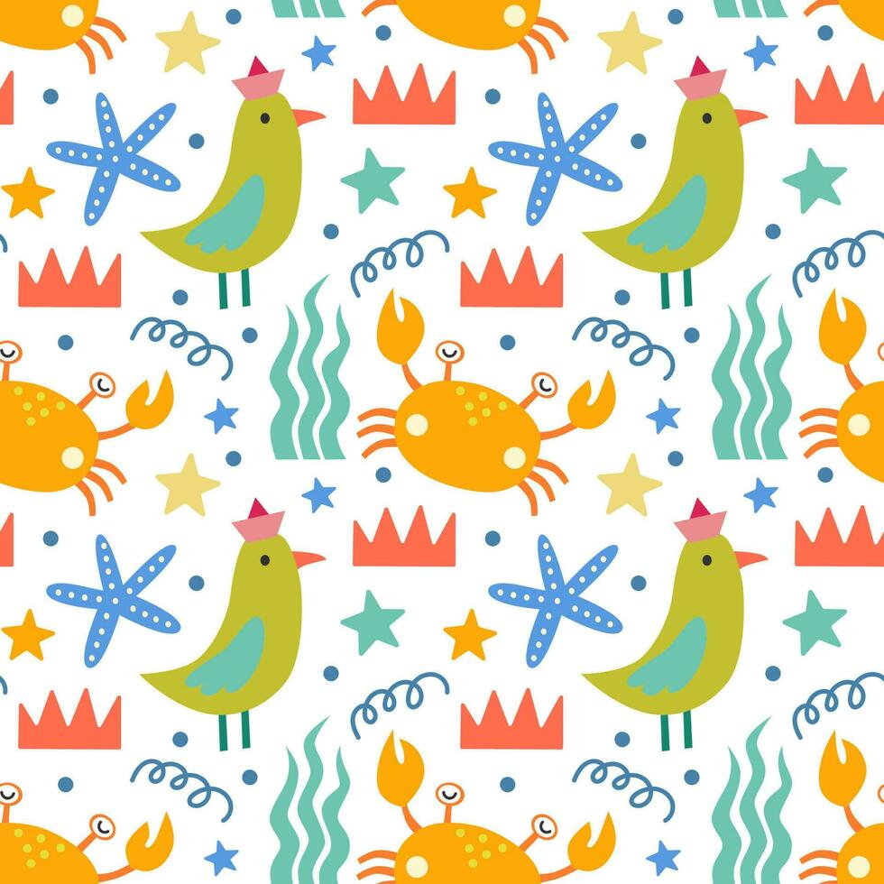 Seamless pattern with birds and crabs. Vector background with a marine theme.