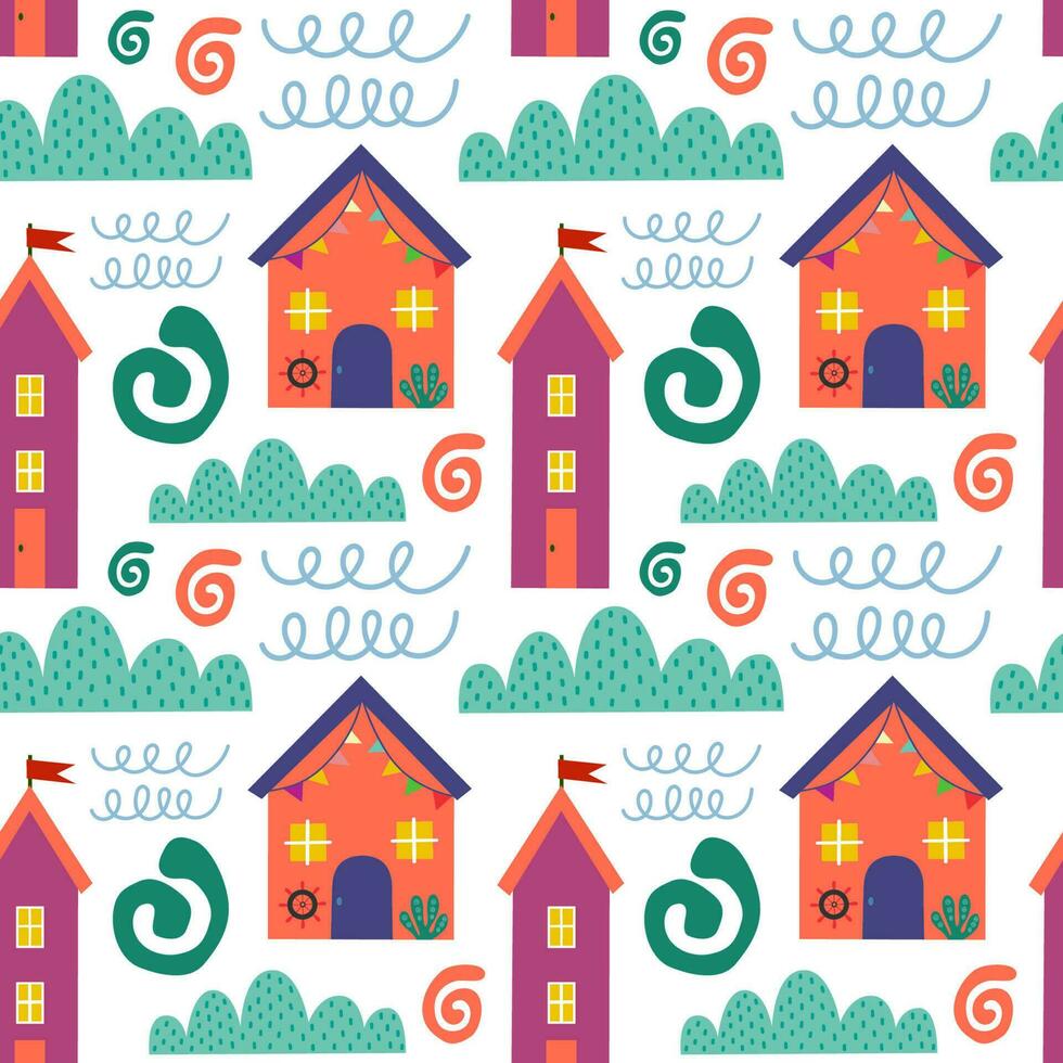 Seamless pattern with beach house and plants. Vector background with a marine theme.