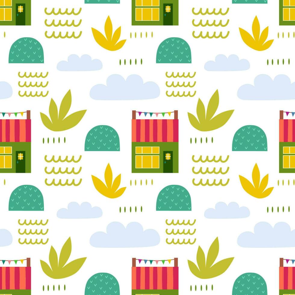 Seamless pattern with beach house and plants. Vector background with a marine theme.