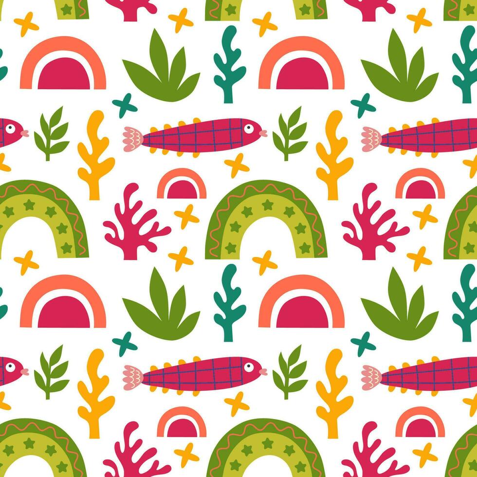 Seamless pattern with rainbow and fishes. Vector background with a birthday theme.