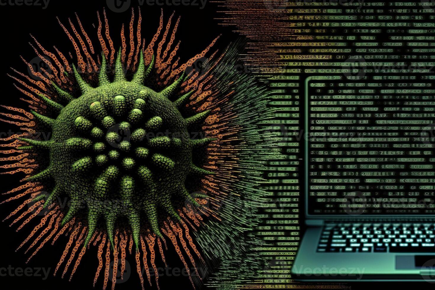 resumen concepto de hacker ataque, virus infectado software, oscuro web y ciber seguridad ilustración generativo ai foto