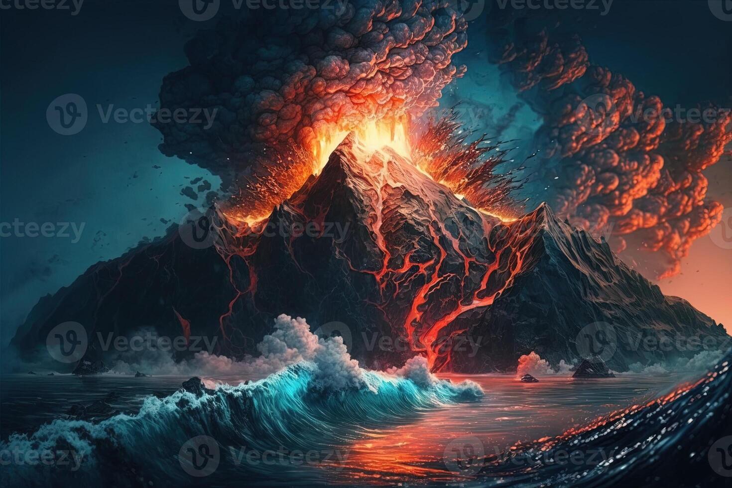 volcano erupting underwater, with lava flowing into the ocean illustration photo