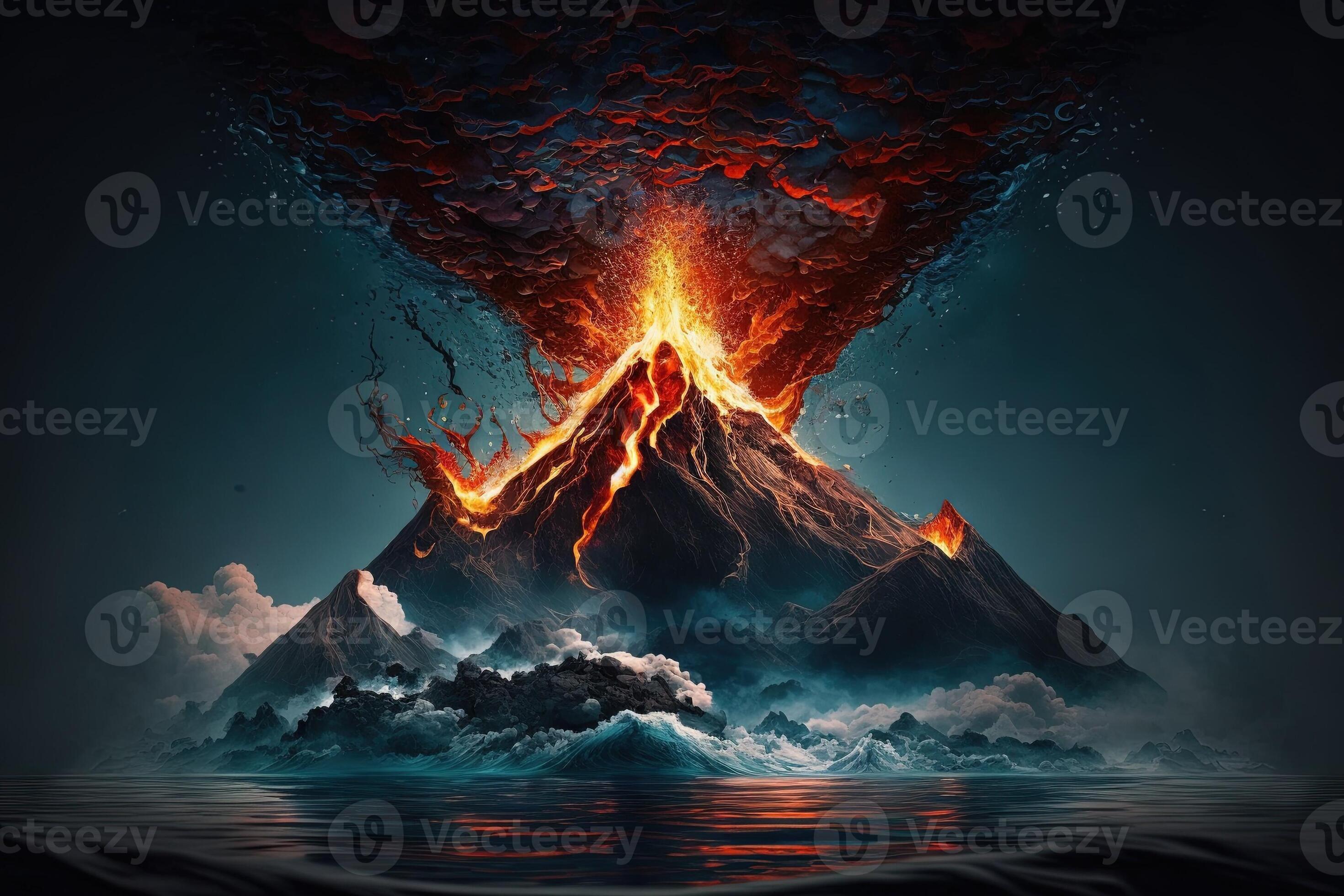 volcano erupting underwater, with lava flowing into the ocean