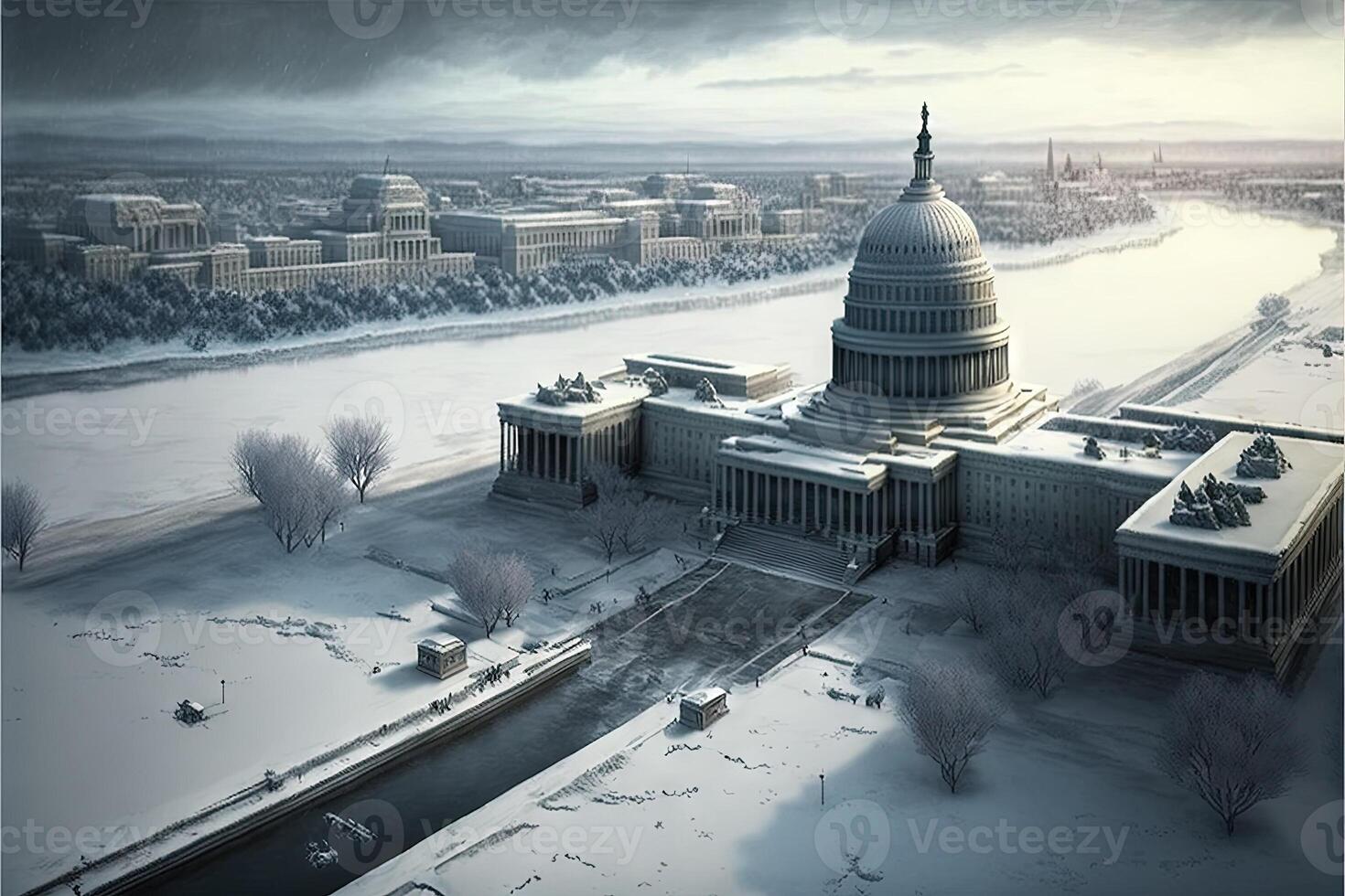 Christmas blizzard in Washington DC City skyline in winter. illustration photo