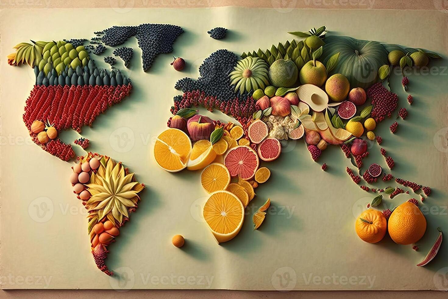 World map made of fresh fruits Creative diet food healthy eating concept illustration photo