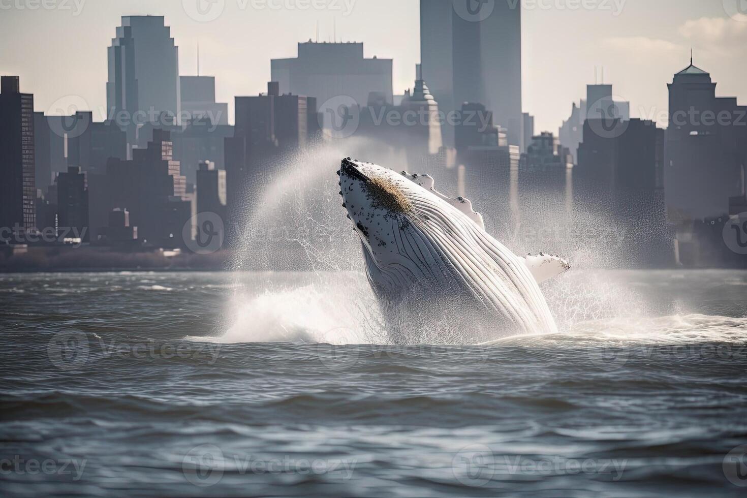 White humpback whale breaching on Hudson River in front of New york city illustration photo