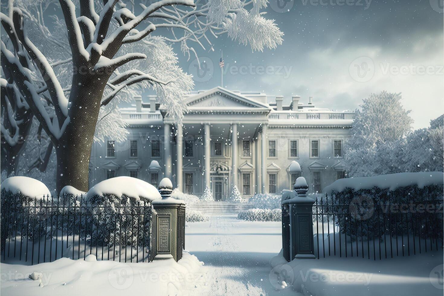 white house under the snow Christmas blizzard in Washington DC City skyline in winter. illustration photo