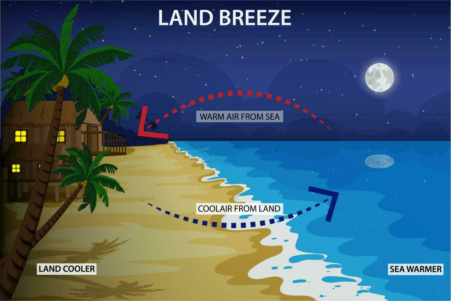 Land breeze blows from land to sea at night vector