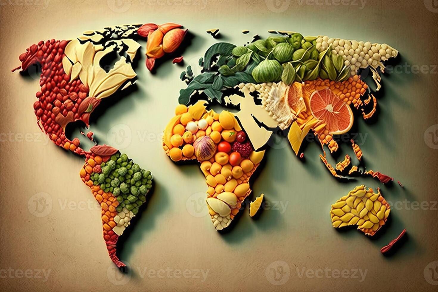 World map made of fresh fruits Creative diet food healthy eating concept illustration photo