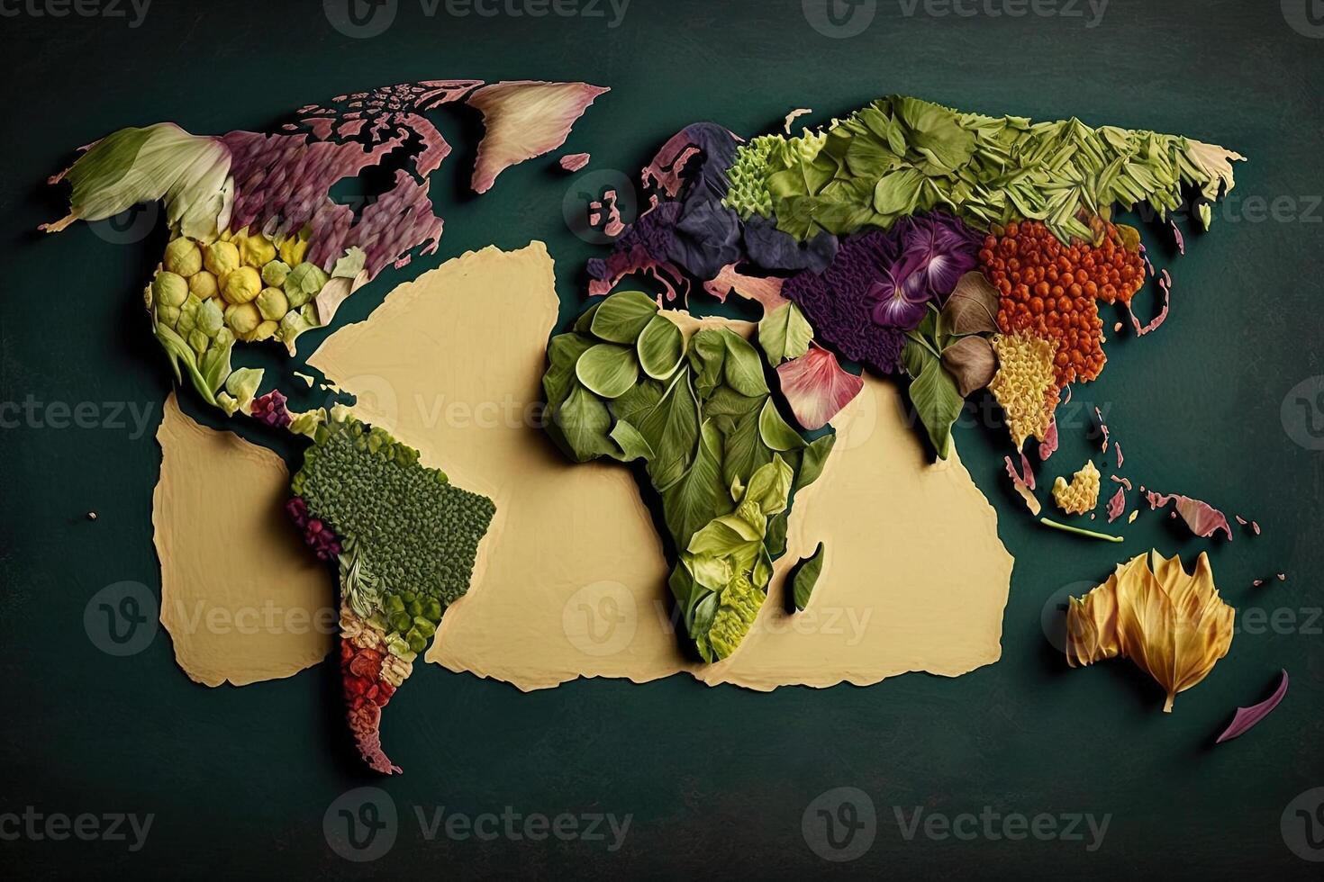 World map made of fresh vegatables Creative diet food healthy eating concept illustration photo