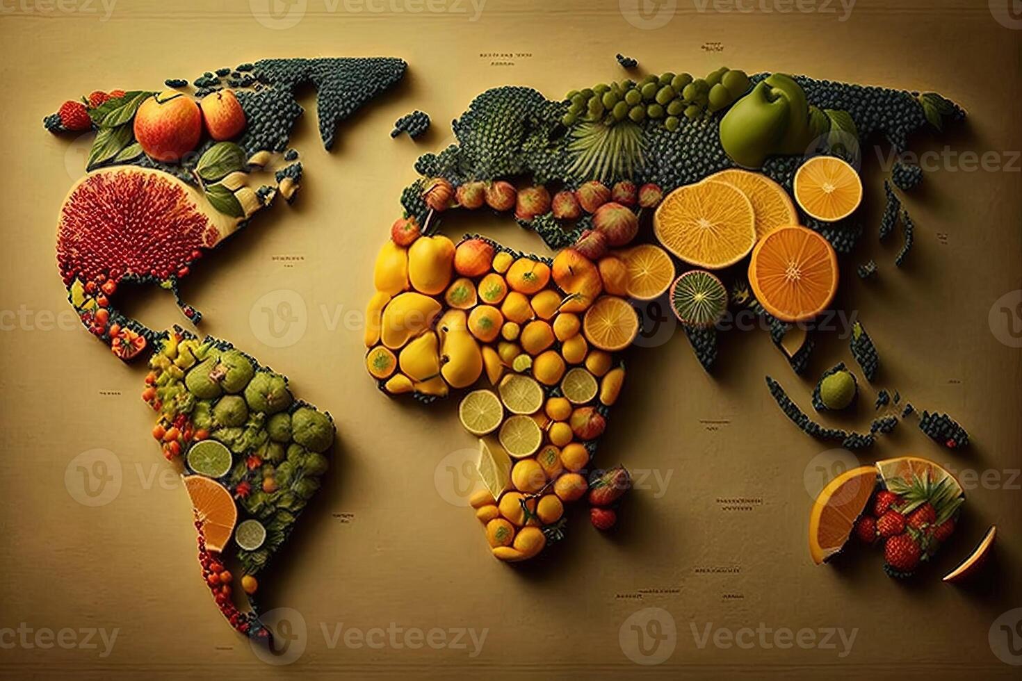 World map made of fresh fruits Creative diet food healthy eating concept illustration photo