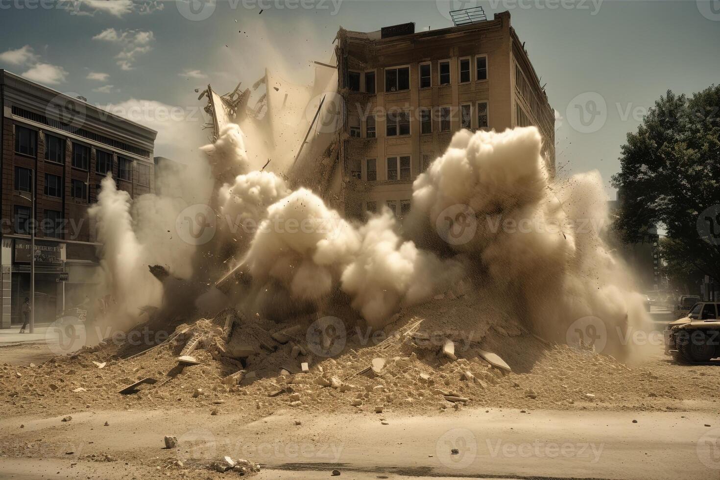 Burst of dust and debris exploding from a demolished building illustration photo