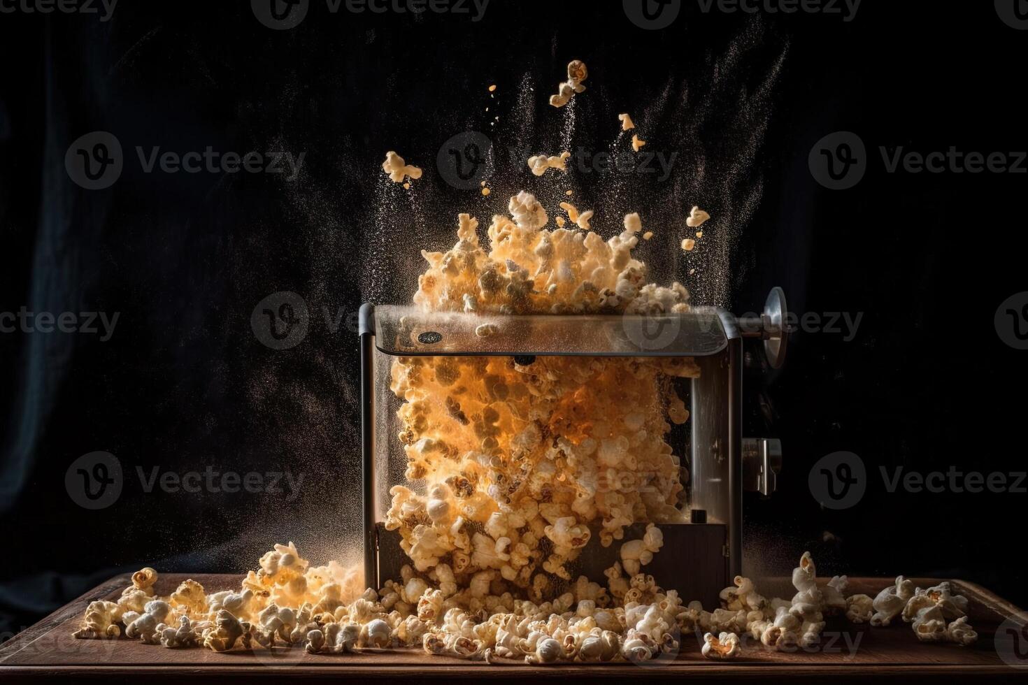 Burst of popcorn kernels exploding out of a popcorn machine illustration photo