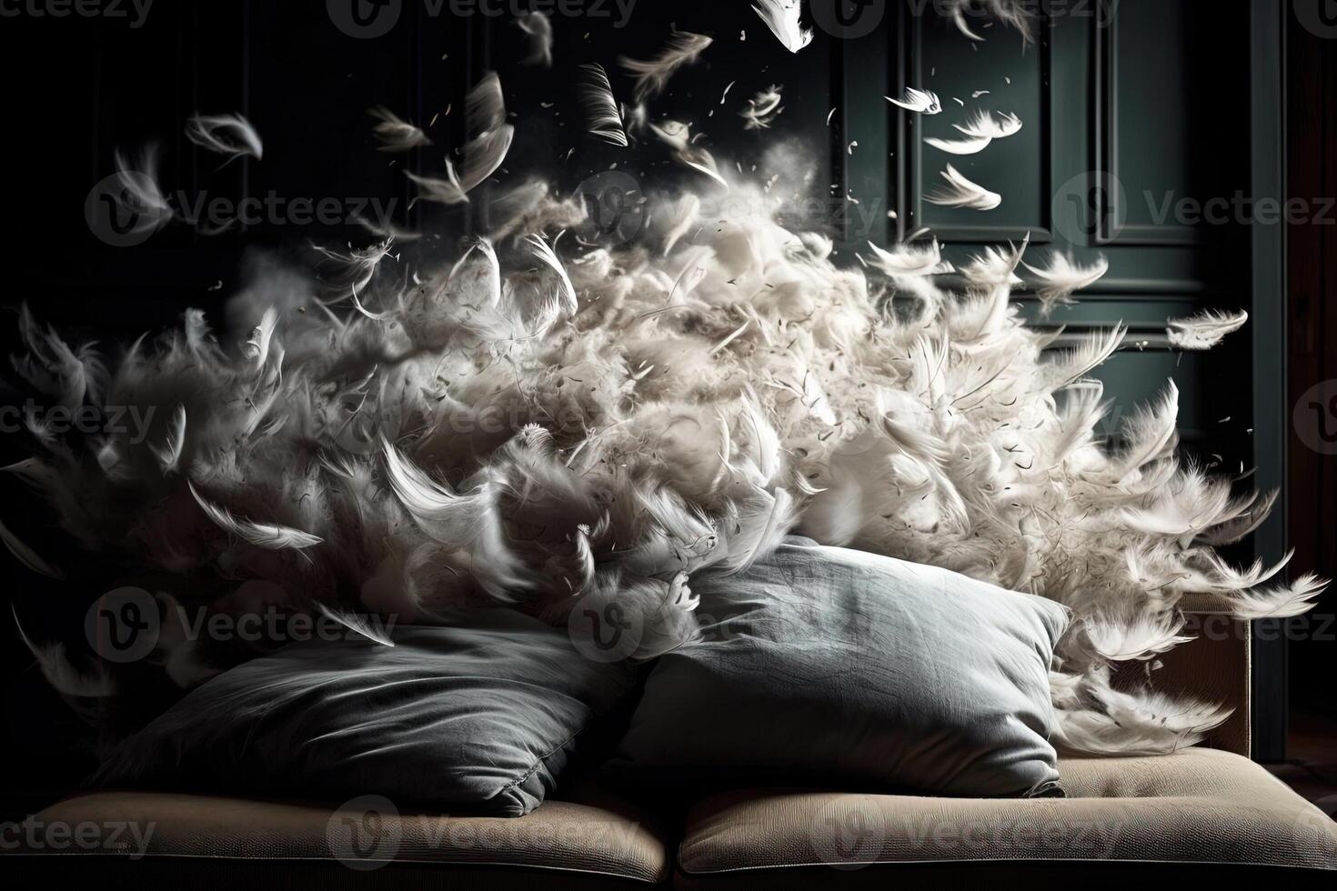 Burst of feathers exploding from a pillow in the air illustration