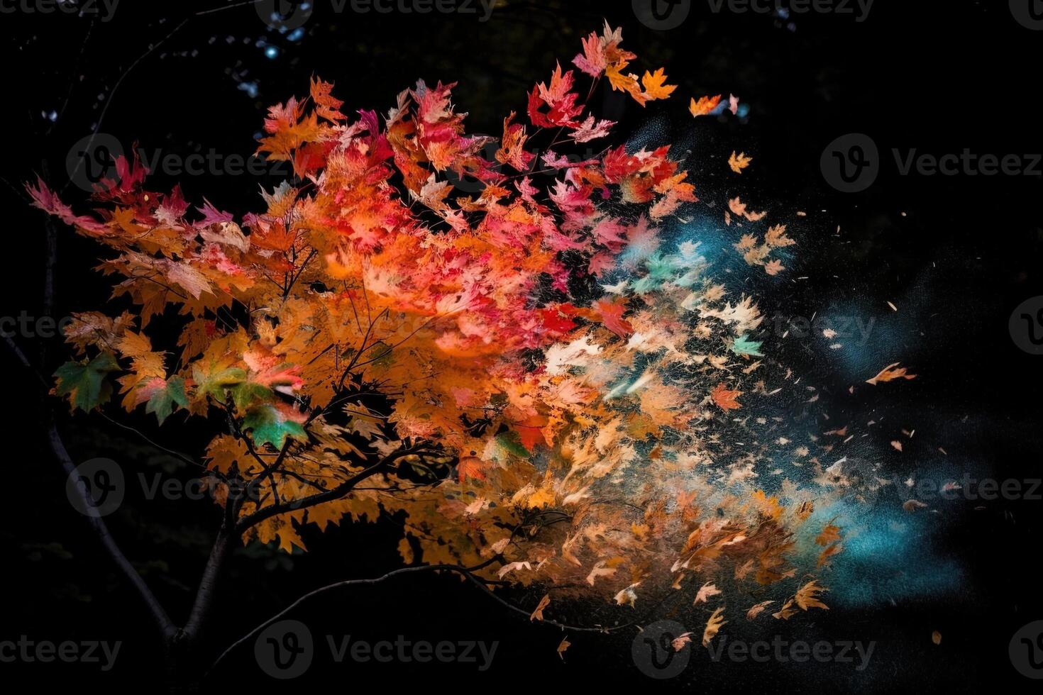 Burst of colorful leaves exploding from a tree branch illustration photo