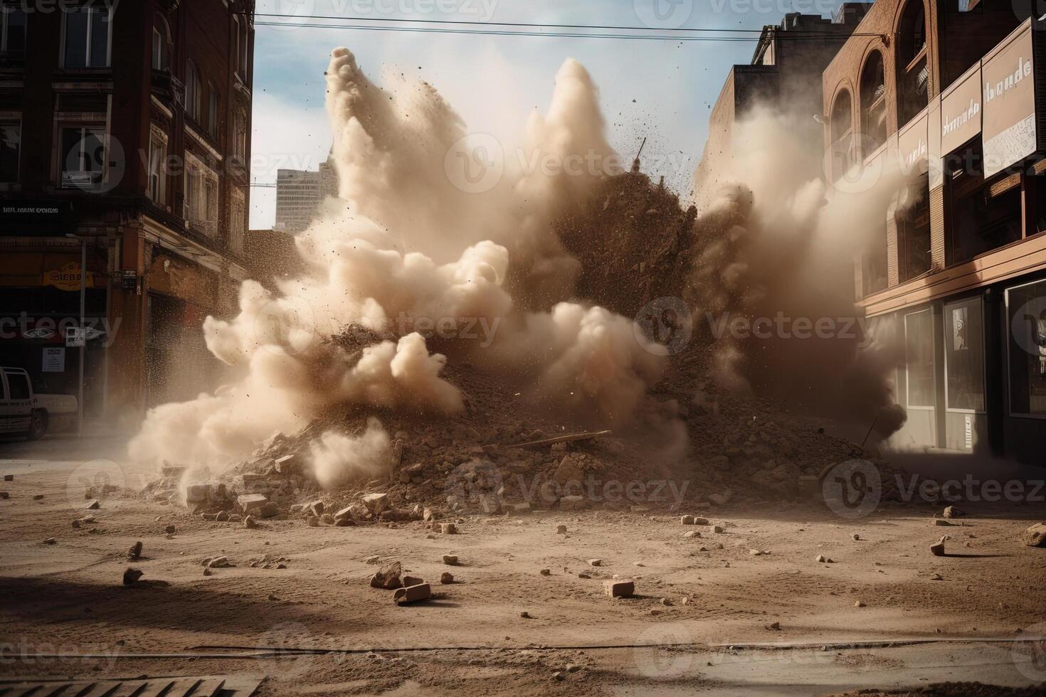 Burst of dust and debris exploding from a demolished building illustration photo